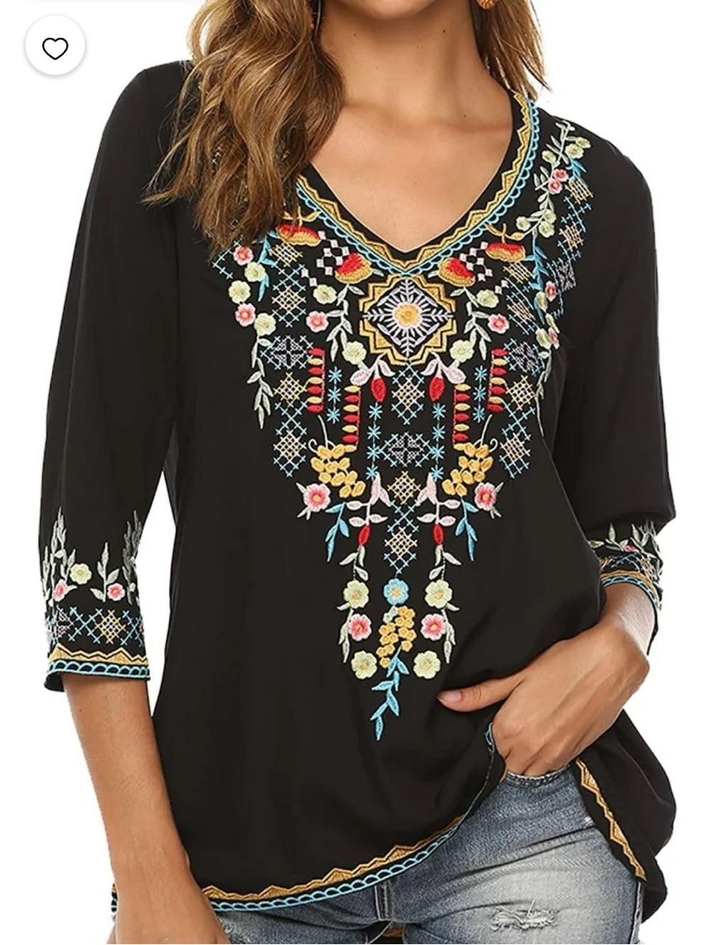 Black Embroidered V-Neck Boho Blouse